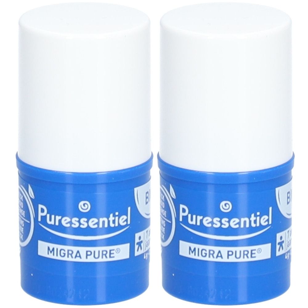 Twee cilindrische sticks, witte dop, blauwe basis. Opschrift: Puressentiel Migra Pure.
