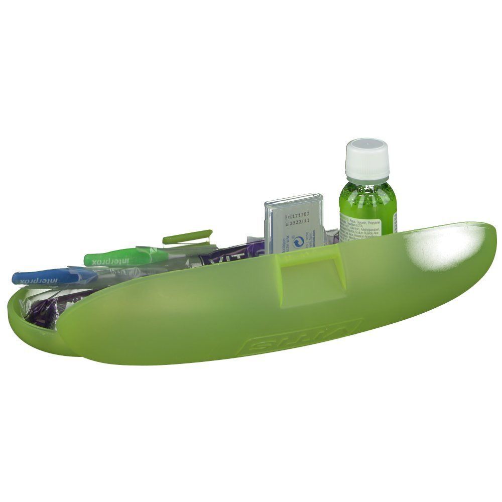 Groen etui met mondverzorgingsproducten. Bevat mondspoeling, tandenborstels en Interprox-borstels.