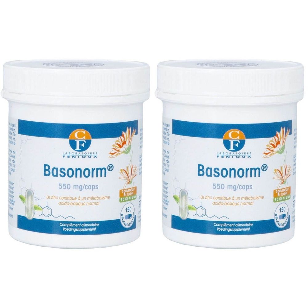 Twee witte potten met deksels. Opschrift: Basonorm® 550 mg/caps. Logo met bloem en tekst. 150 capsules.