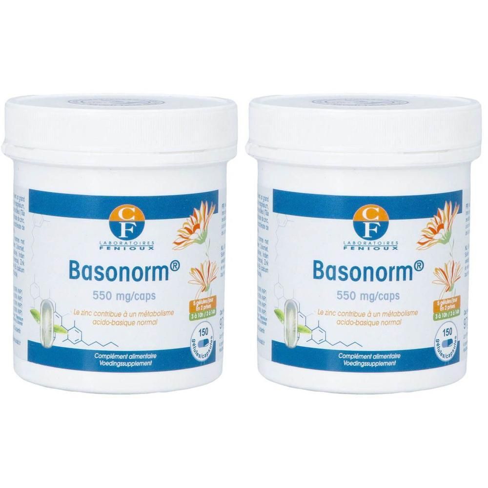 Twee witte potten Basonorm, 550 mg/caps, met logo en certificering. Blauwe opschriften.