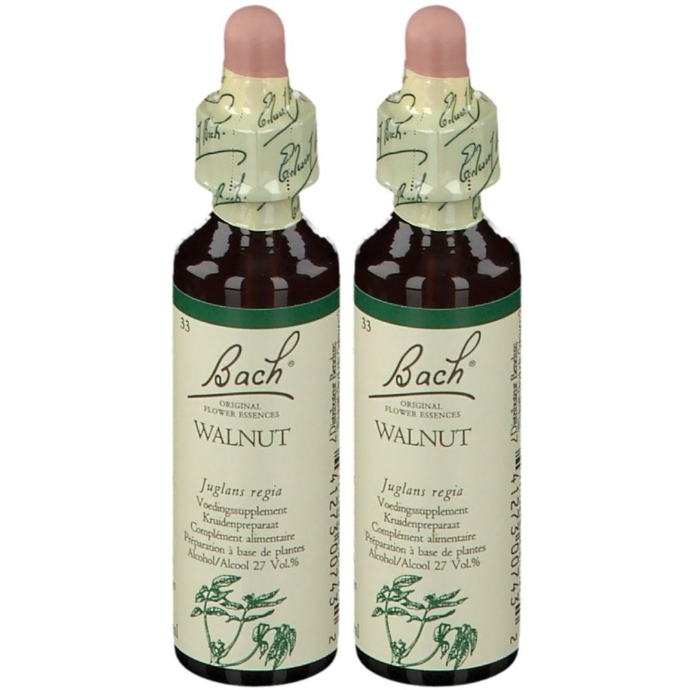 Deux flacons en verre brun avec compte-gouttes roses. Inscription : Bach Original Flower Essences Walnut. Étiquette avec illustration de plante.