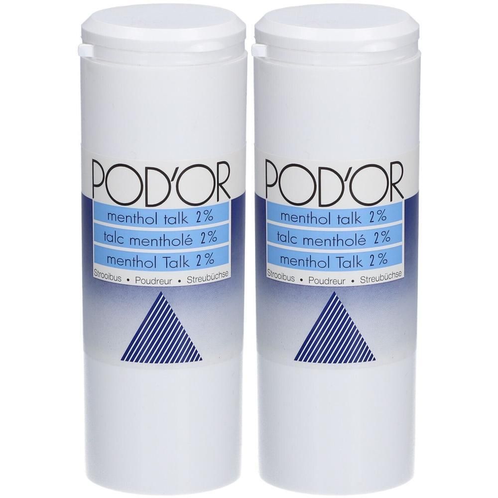 Twee witte cilindrische flacons met blauwe etiketten. Opschrift: POD'OR, menthol talk 2%, talc mentholé 2%.