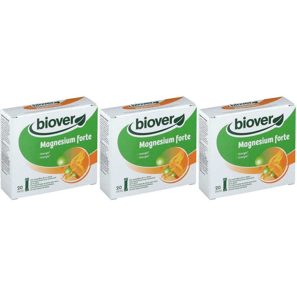 Trois boîtes de Biover Magnésium forte. Emballage blanc avec design vert et orange. Texte : Magnésium forte, énergie.