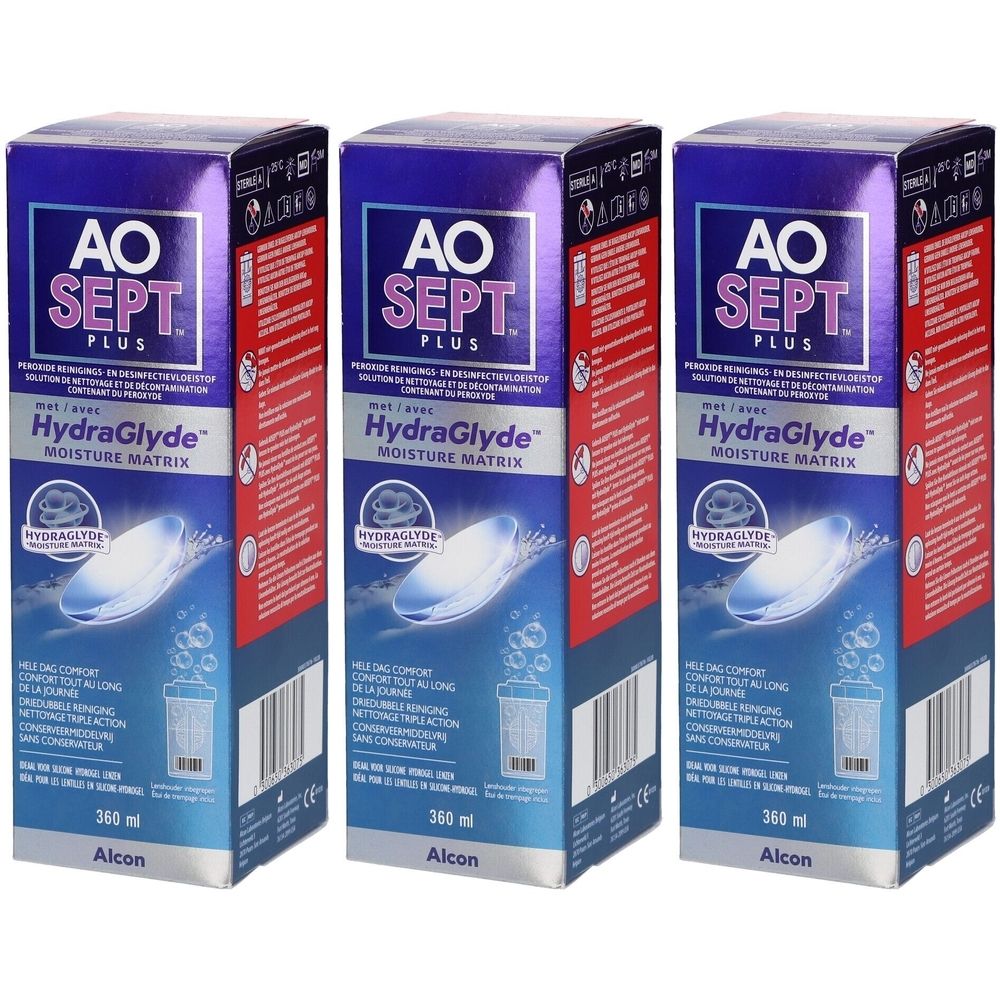 Drie dozen Aosept Plus met HydraGlyde. Blauwe en rode verpakking met namen en logo's. 360 ml.