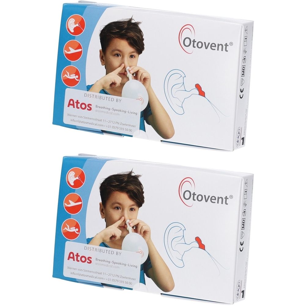 Deux boîtes Otovent. Illustration enfant avec ballon au nez, oreille, logo CE, marque Otovent et Atos. Emballage blanc et bleu.