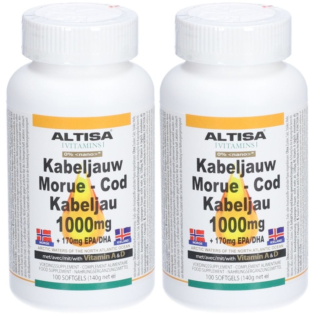 Twee witte flessen met gele etiketten. Opschrift: Altisa, Kabeljauw, Morue, Cod, Kabeljau, 1000mg, +170mg EPA/DHA, Vitamine A&D.