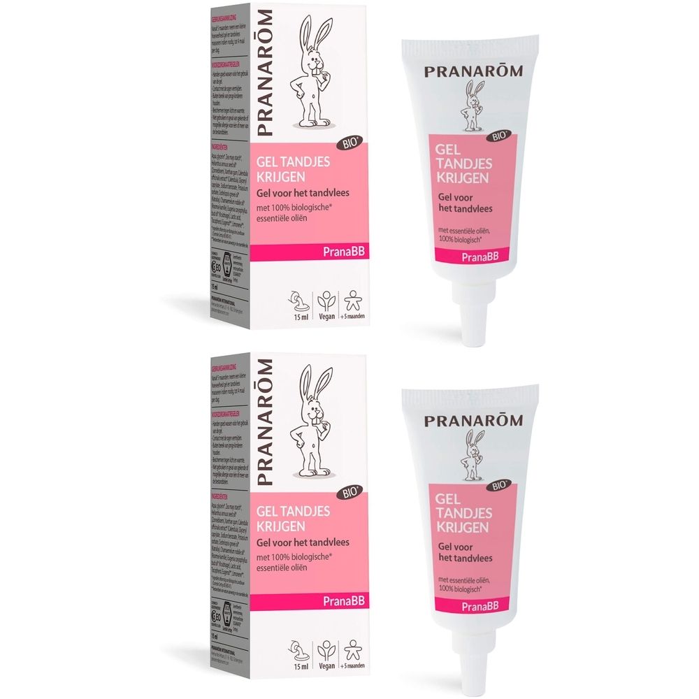 Twee tubes en dozen. Opschrift: PRANARÔM, Gel tandjes krugen, Bio.