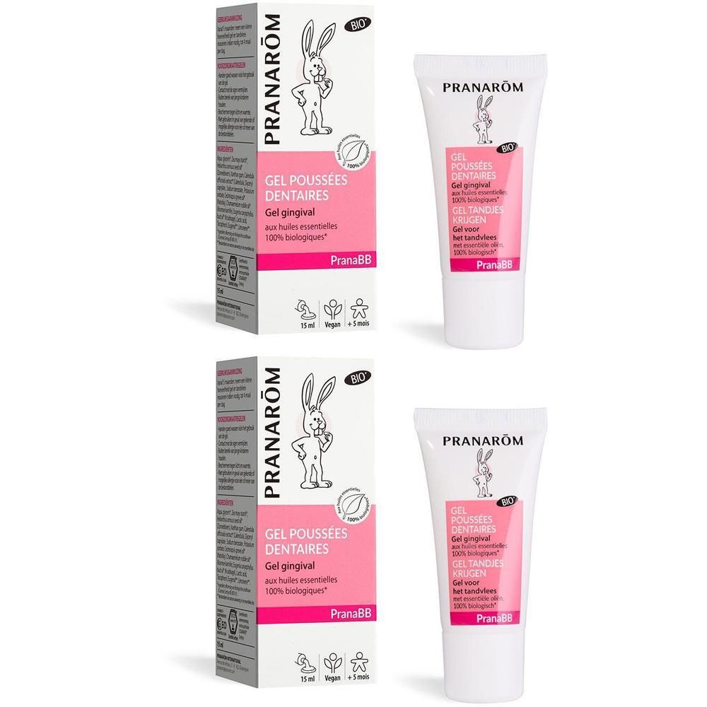 Twee verpakkingen en tubes Pranarom PranaBB gel. Witte tubes met roze accenten. Dozen met konijnlogo en productinformatie.