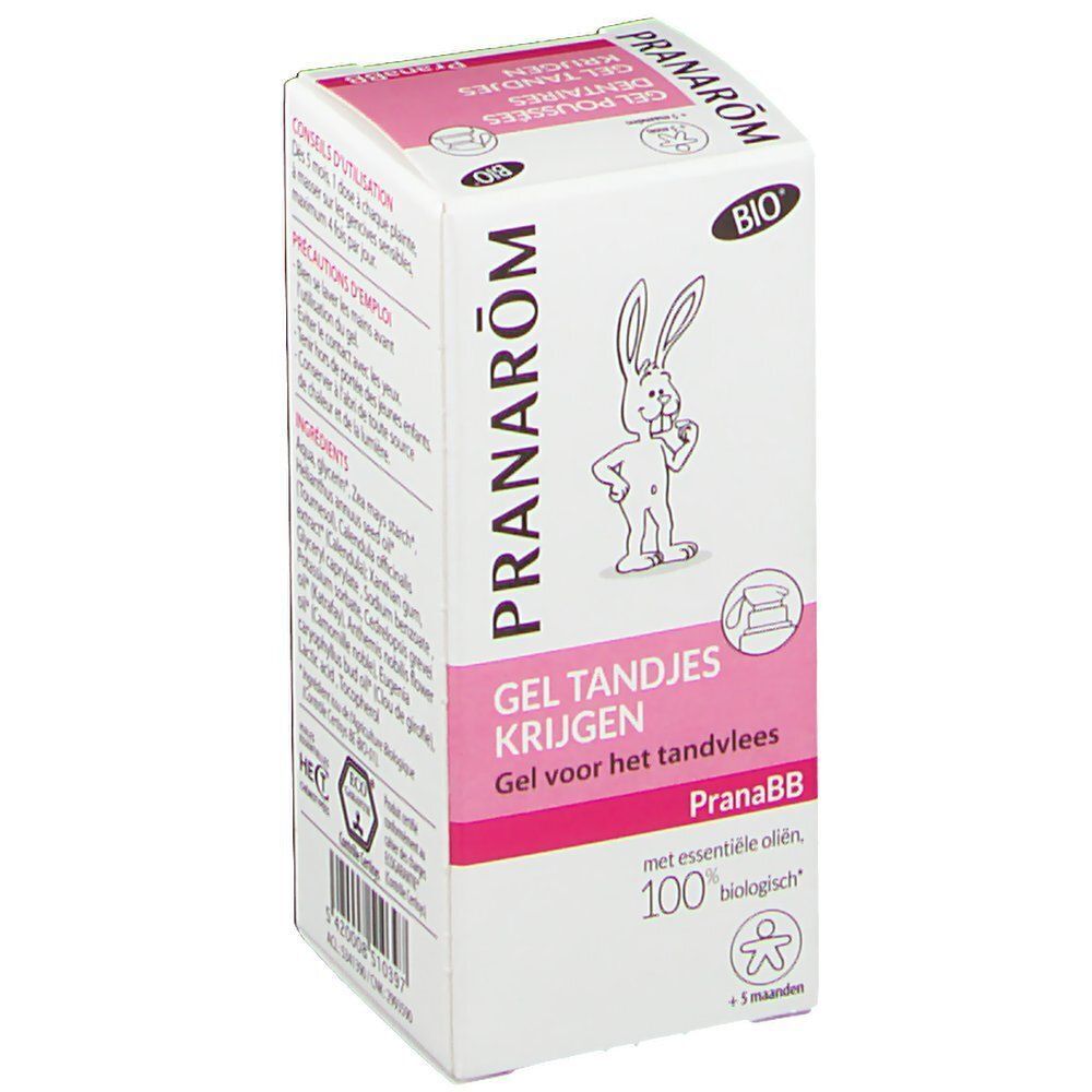 Pranarom PranaBB verpakking. Bevat productnaam, logo en bio-certificering. Wit met roze accenten.