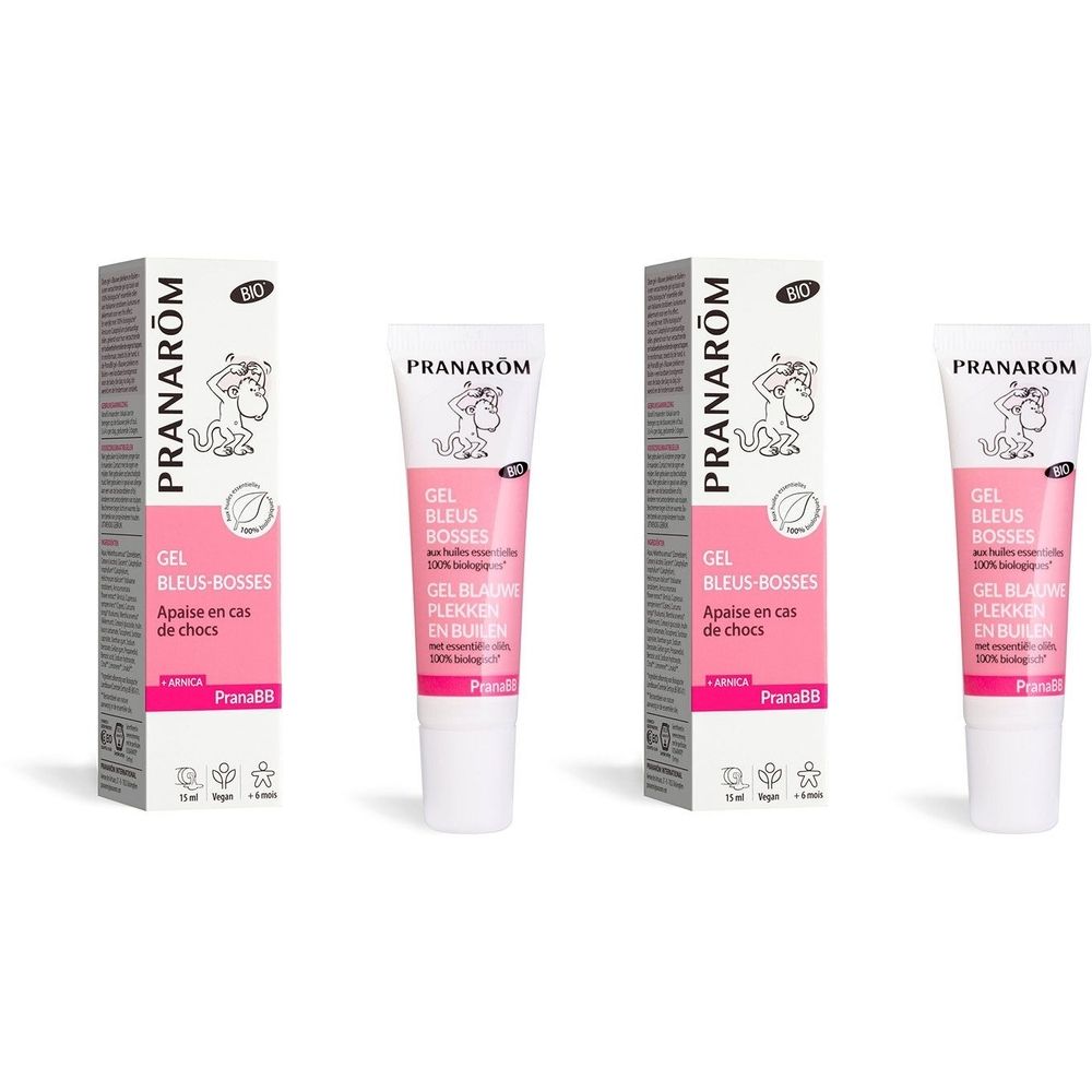 Pranarôm Gel Bleus-Bosses. Tubes et boîtes roses. Logo et texte visibles. Certification Bio.