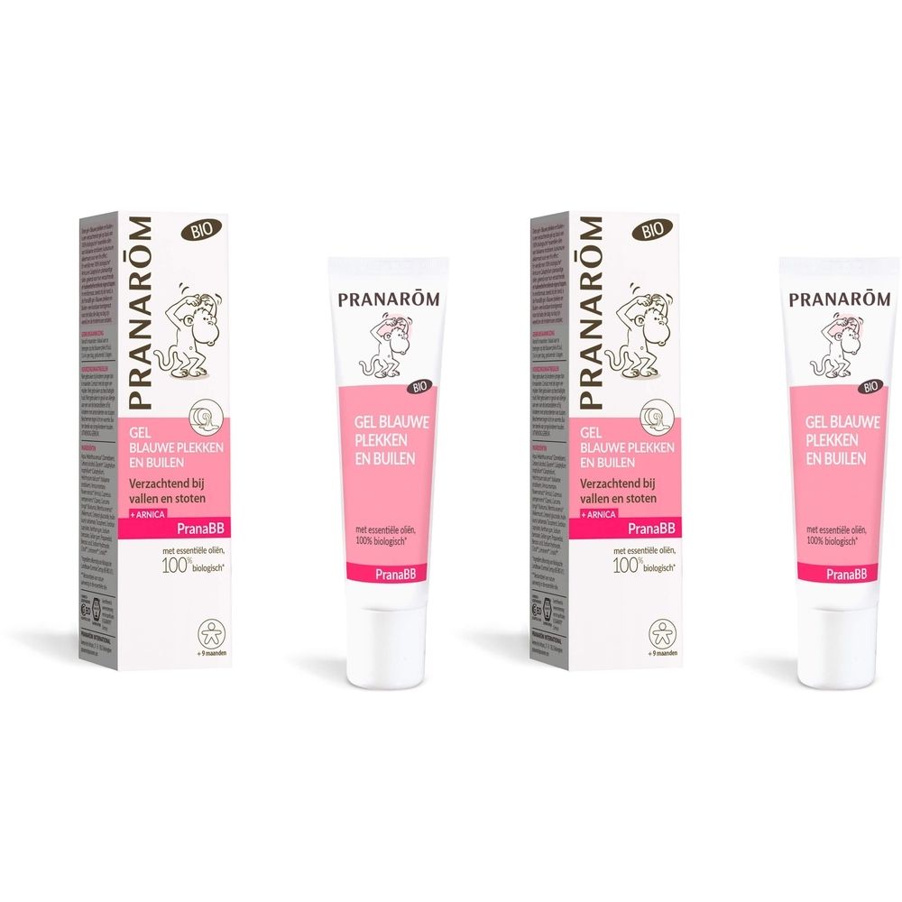 Pranarôm Gel Blauwe Plekken en Builen. Roze tube en doos met logo en tekst. Bio-certificering.