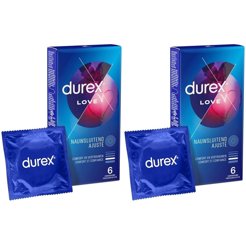 Deux boîtes et deux préservatifs. Emballage bleu avec "durex LOVE" et "6" sur la boîte. Préservatifs individuels en sachet bleu.