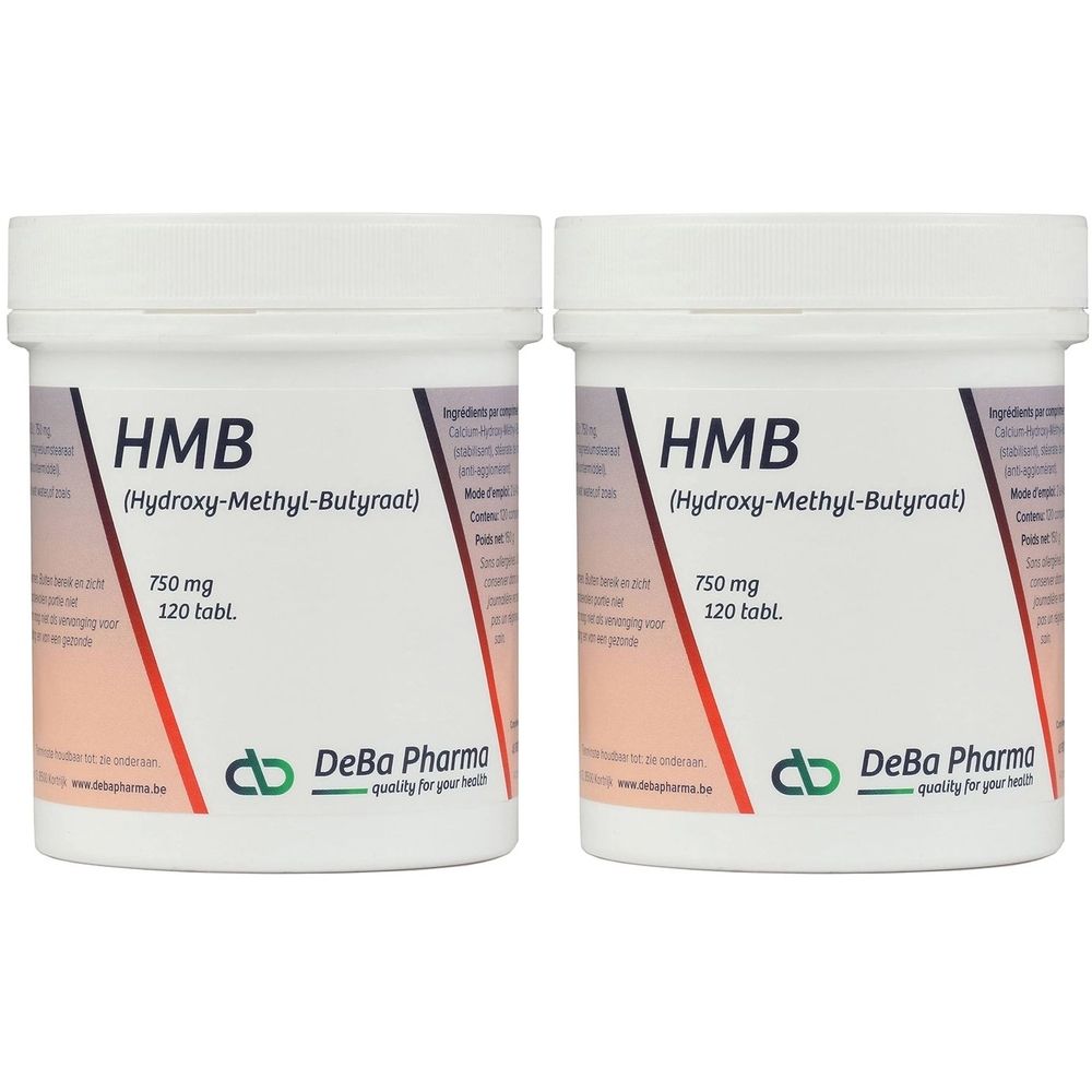 Deux boîtes blanches avec couvercles. Inscription HMB, 750 mg, 120 comprimés. Marque DeBa Pharma.