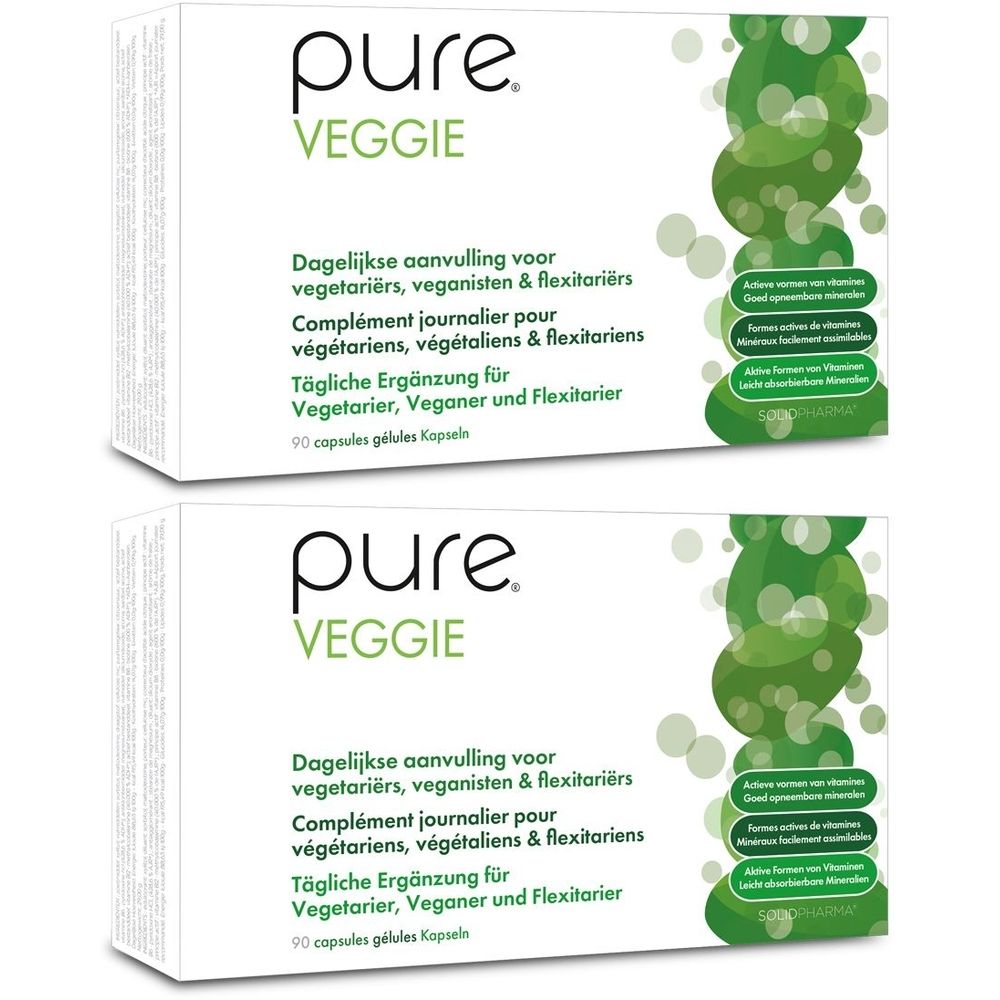 Twee witte dozen met "pure VEGGIE". Meertalige tekst, waaronder Nederlands. Bevat 90 capsules.