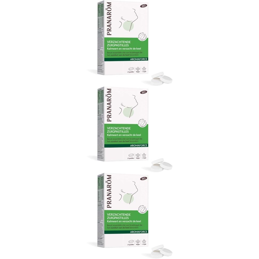 Drie dozen Verzachtende Zuigtabletten. Groen-witte verpakking met logo en productnaam. Enkele tabletten ernaast.