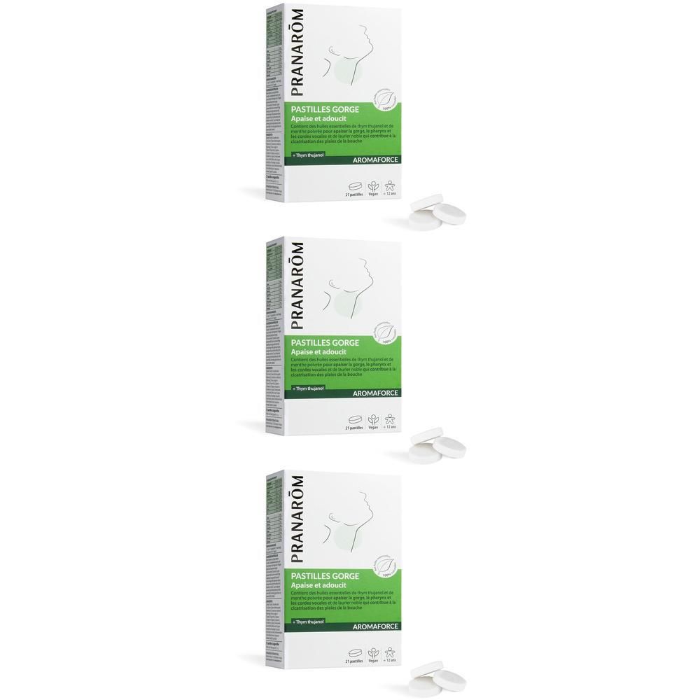 Drie dozen pastilles. Op elke doos staat "Pastilles Gorge". Enkele pastilles liggen ernaast.