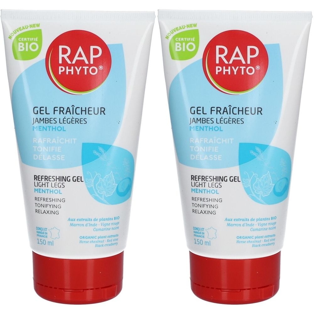 Twee tubes Rap Phyto Gel Fraîcheur. Wit, blauw en rood. Opschrift: Gel Fraîcheur Jambes Légères, Menthol, 150 ml.