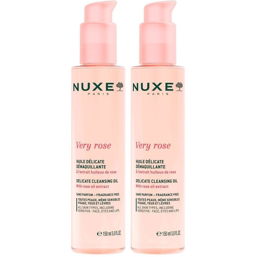Twee roze flessen met pomp. Opschrift: Nuxe, Very rose, Huile Délicate Démaquillante. 150 ml.