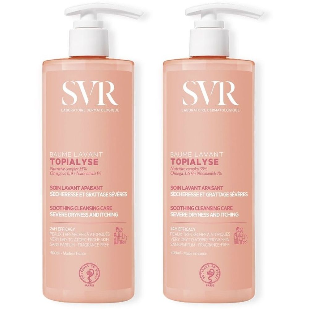 Twee roze flessen met witte pomp. Opschrift: SVR, Baume Lavant Topialyse. Tekst in het Frans en Engels.