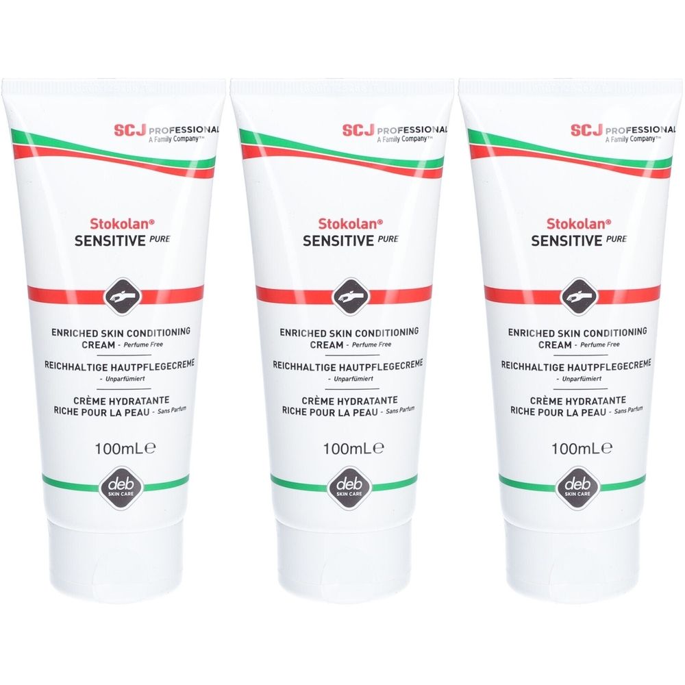Drie witte tubes met rode en groene belettering. Elke tube heeft de tekst "Stokolan Sensitive Pure" en "100ml". 