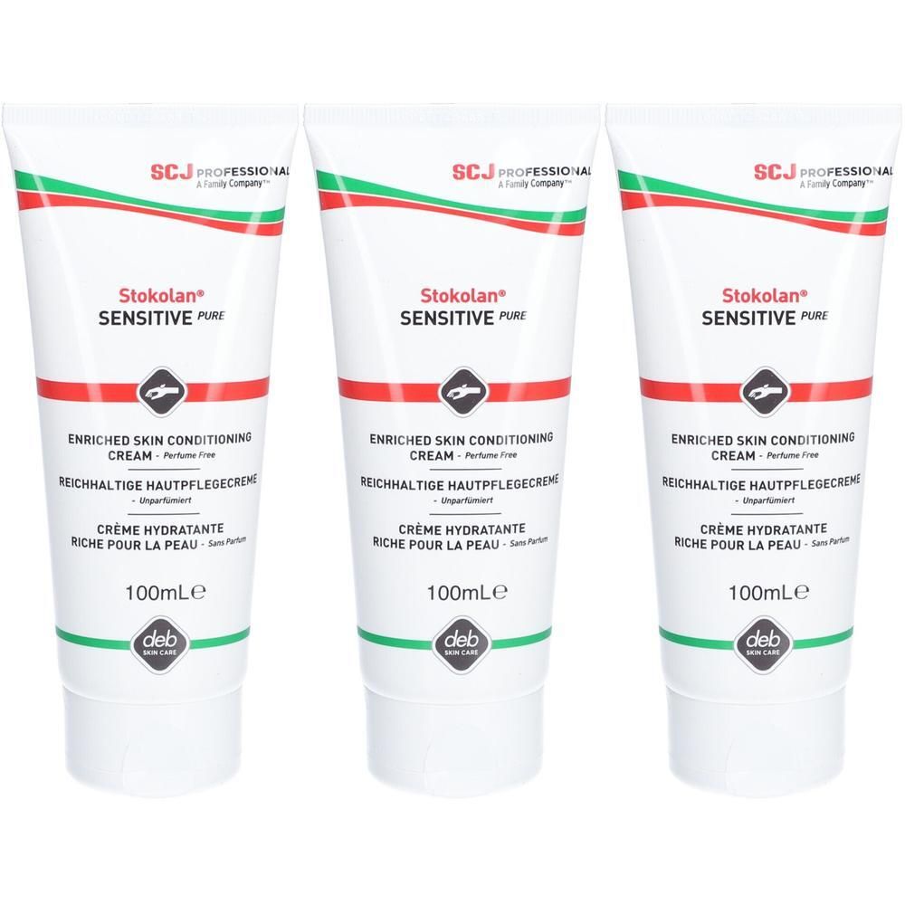 Drie tubes Stokolan Sensitive Pure crème. Wit, met rode en groene lijn. Tekst: "ENRICHED SKIN CONDITIONING CREAM".