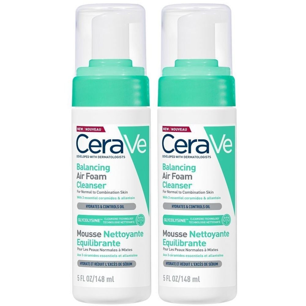 Twee flessen CeraVe Balancing Air Foam Cleanser. Witte flessen met groene dop en tekst. Franse en Engelse teksten.