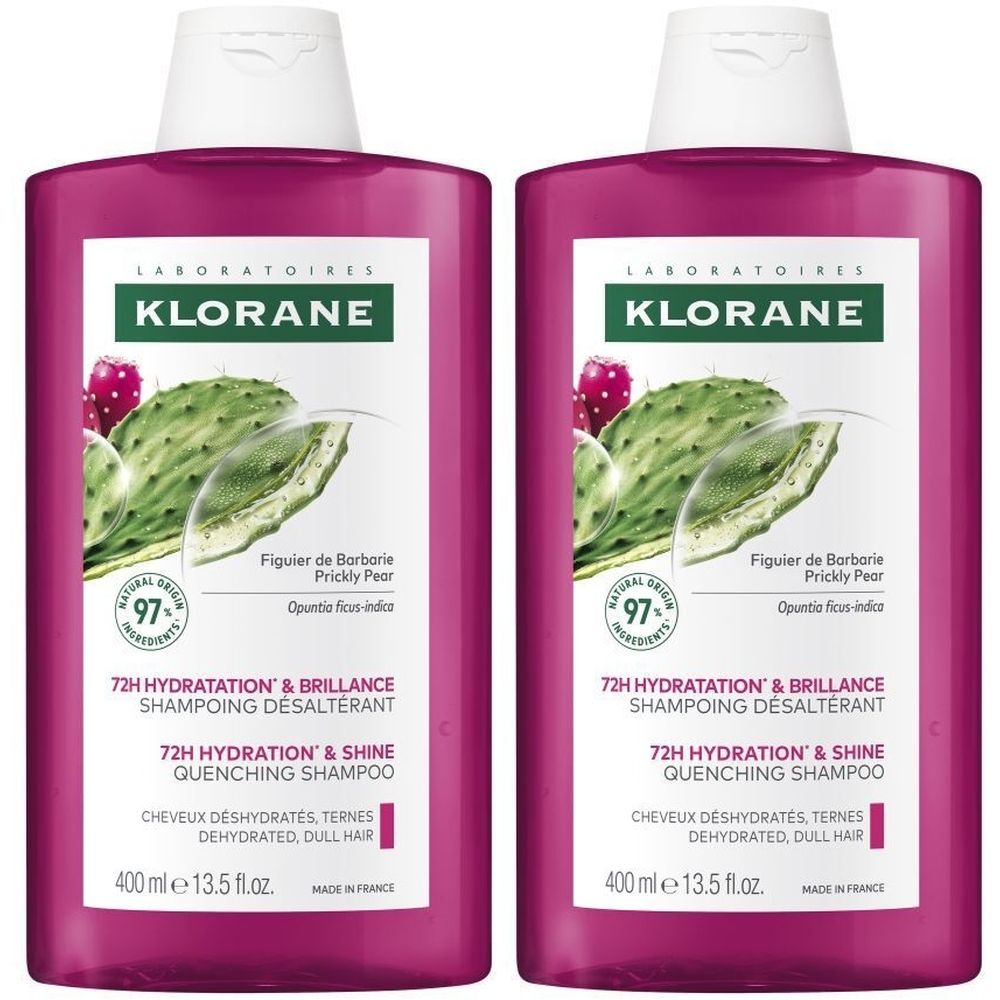 Deux flacons de shampooing roses avec bouchon blanc. Inscription: Klorane, 72H Hydratation & Brillance, pour cheveux secs.