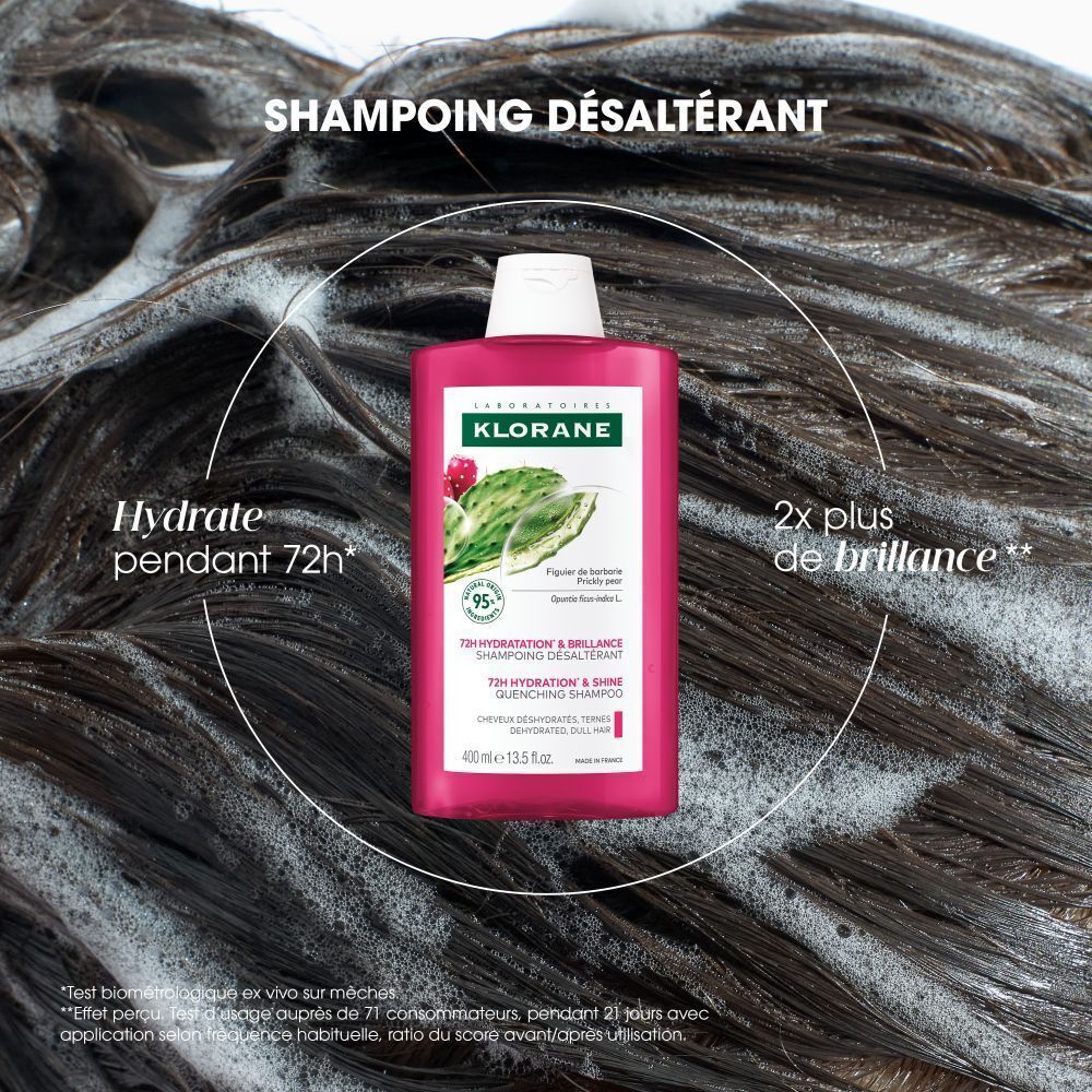 Flacon de shampooing Klorane sur cheveux. Texte: 72H Hydratation & Brillance. 2x plus de brillance.