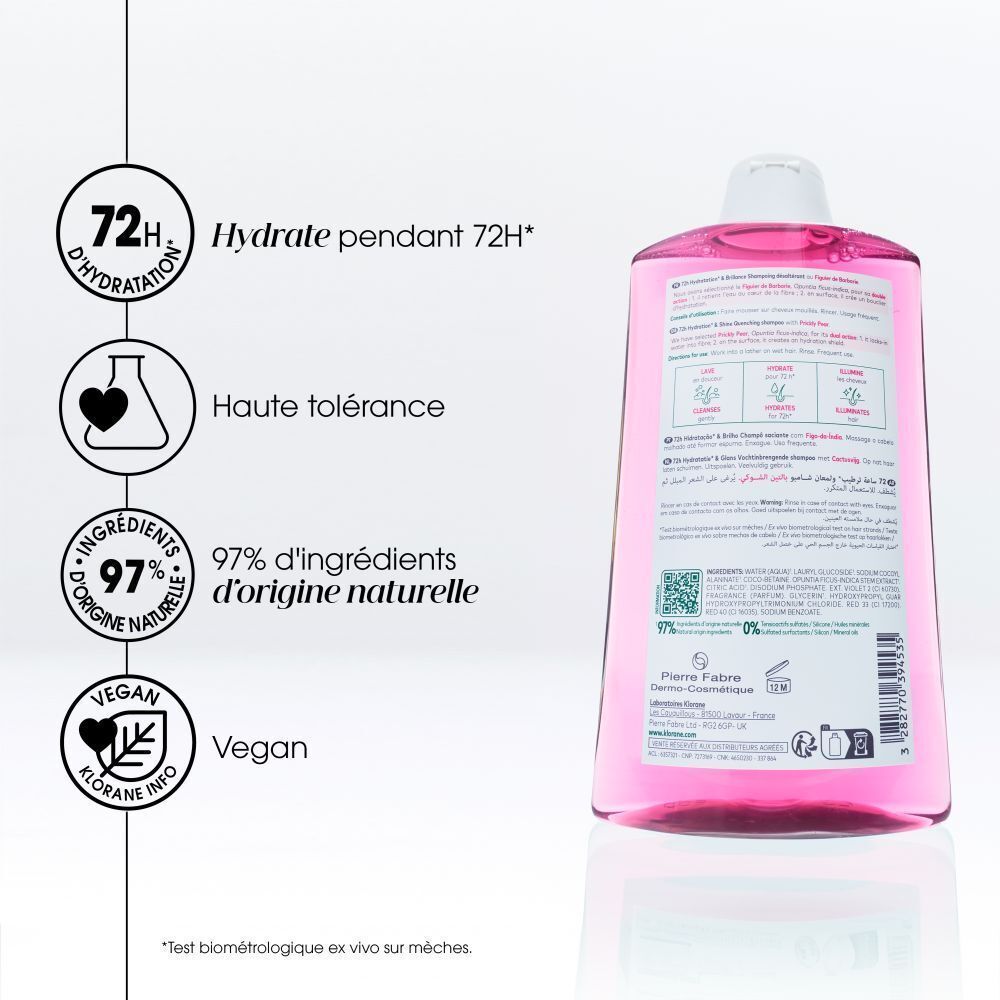 Flacon de shampooing Klorane rose. Texte: 72H Hydratation, haute tolérance, 97% ingrédients naturels, vegan.