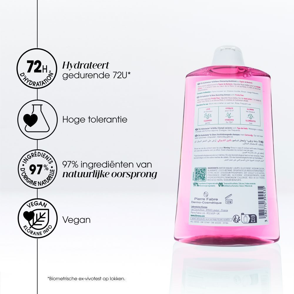 Roze Klorane shampoo fles. Tekst: 72H Hydratation, hoge tolerantie, 97% natuurlijke ingrediënten, vegan.