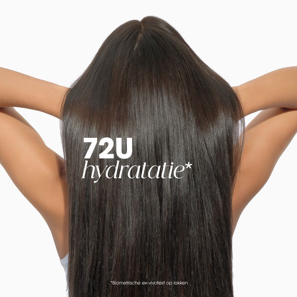 Haar van achteren. Tekst: 72u hydratatie.