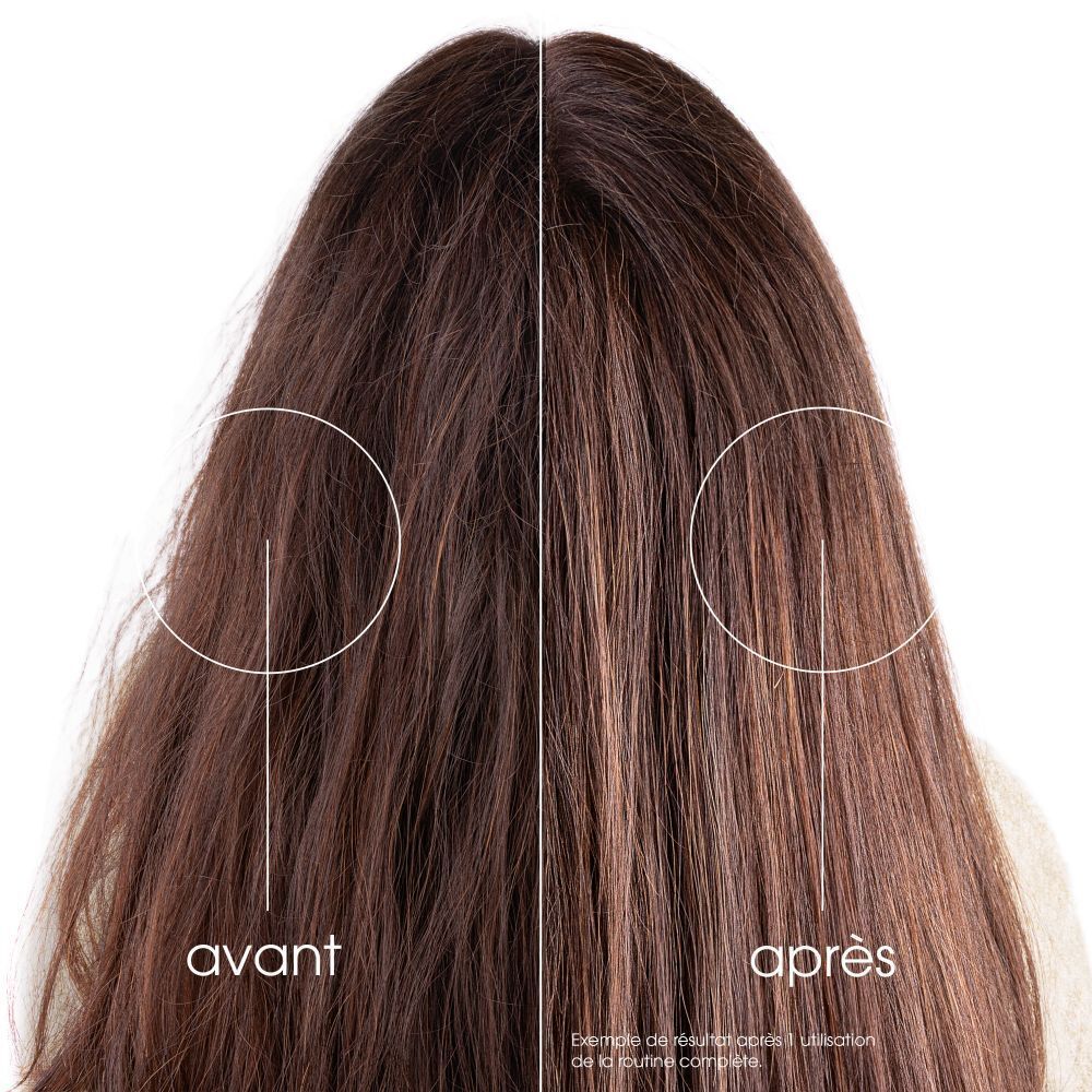 Cheveux avant et après utilisation. Texte: Avant et après.