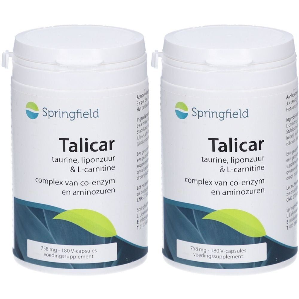 Twee witte potten met deksels. Opschrift: Springfield Talicar, taurine, liponzuur, L-carnitine. 180 capsules.