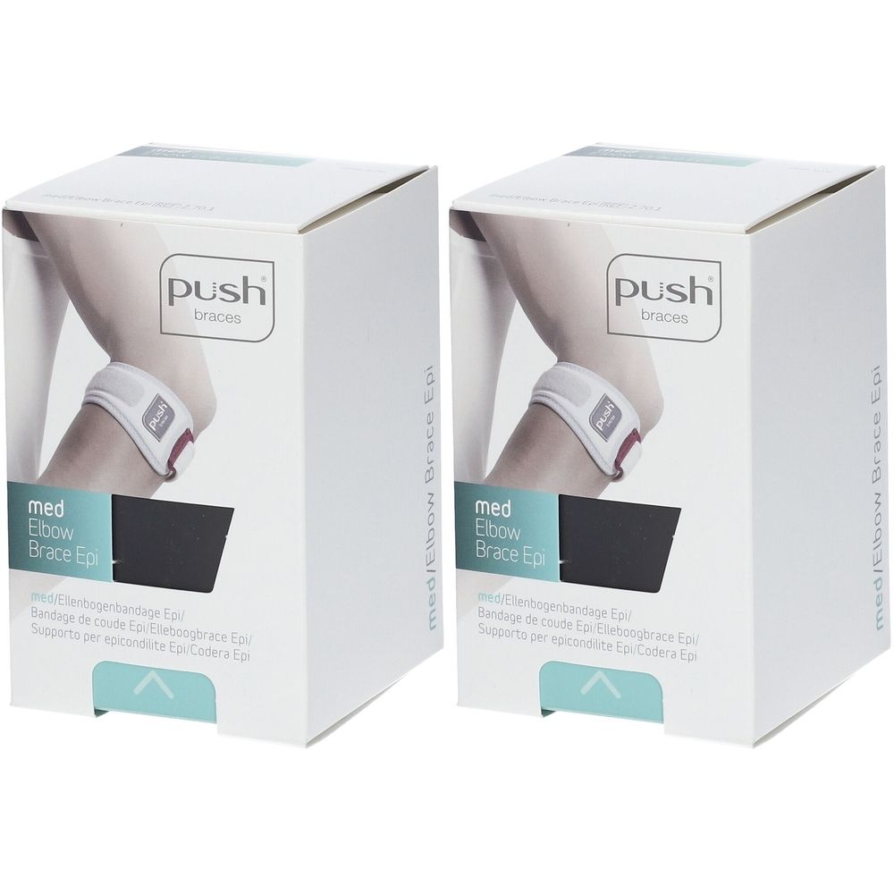 Deux boîtes blanches avec bandage de coude Push. Inscription : med Elbow Brace Epi. Illustration d'un bras avec bandage.