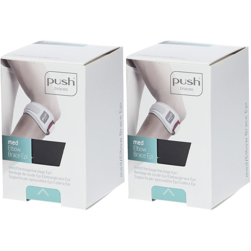 Twee witte dozen met Push Med elleboogbrace. Productafbeelding en tekst op de verpakking.
