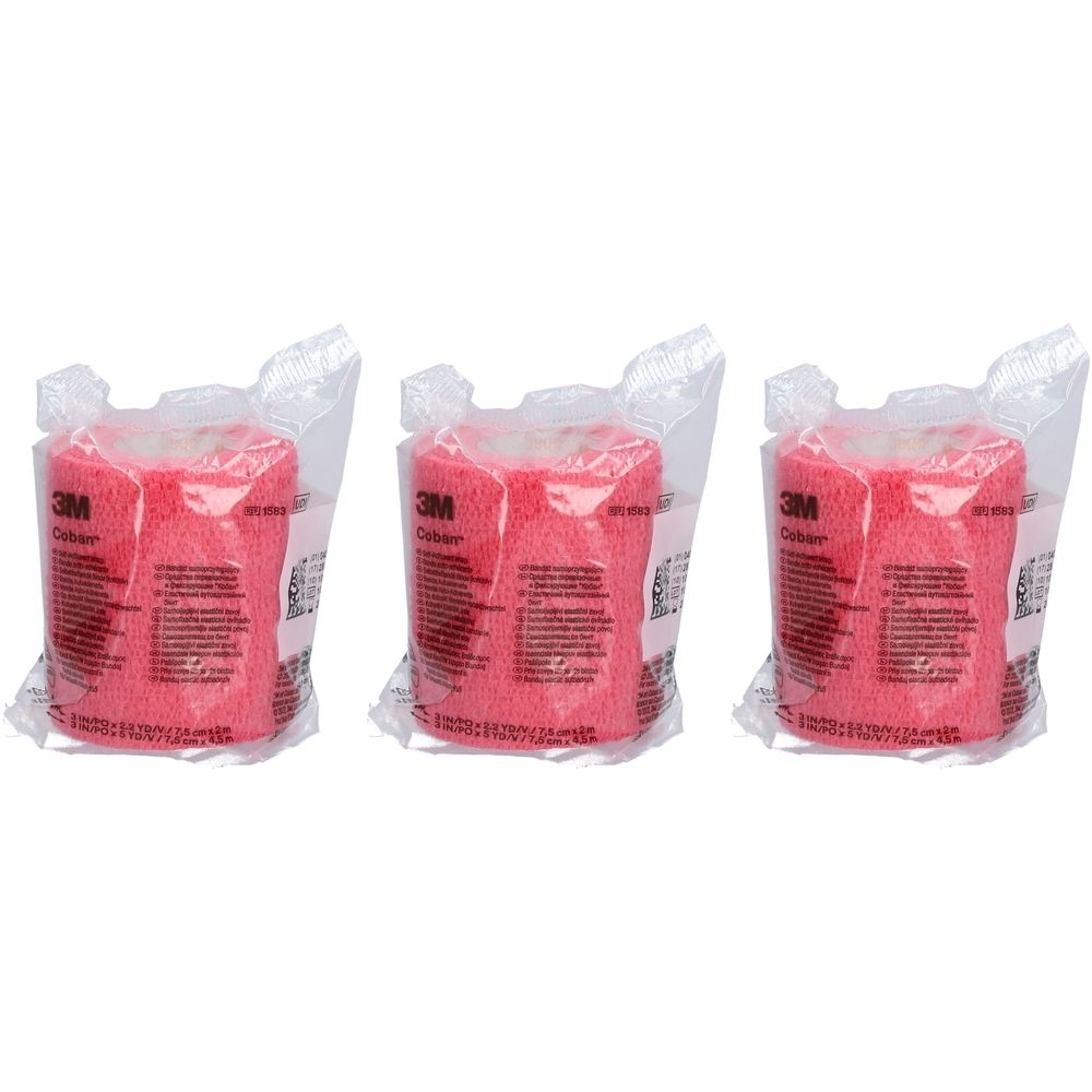 Trois bandages rouges dans des emballages transparents. Le logo 3M Coban est visible sur chaque emballage.