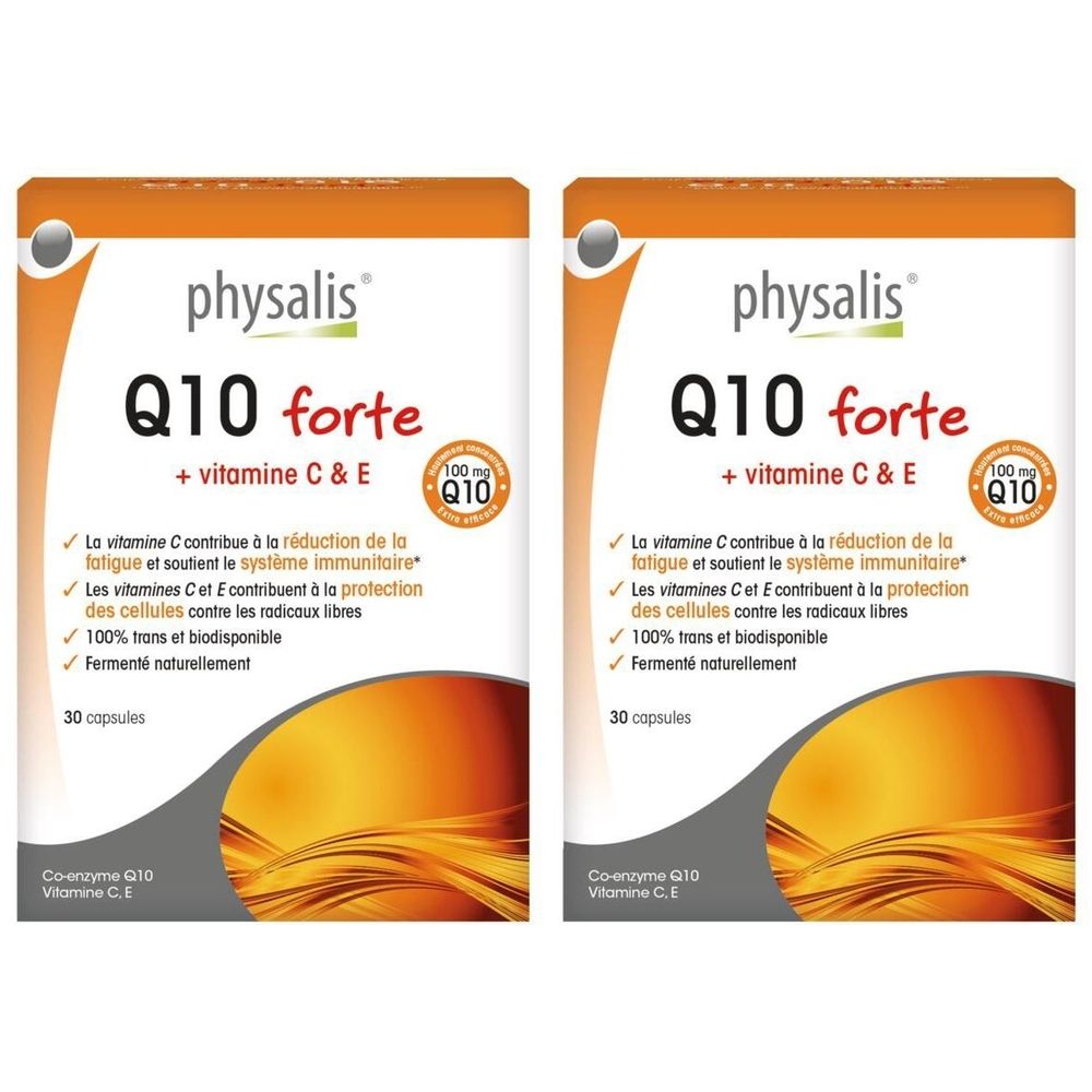 Deux boîtes de Physalis Q10 forte. Emballage blanc avec texte rouge et noir. Contient vitamine C & E. 30 capsules.
