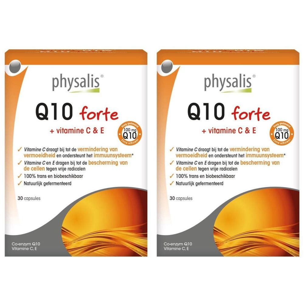 Twee verpakkingen Physalis Q10 forte. Witte verpakking met rode en zwarte tekst. Bevat vitamine C & E. 30 capsules.