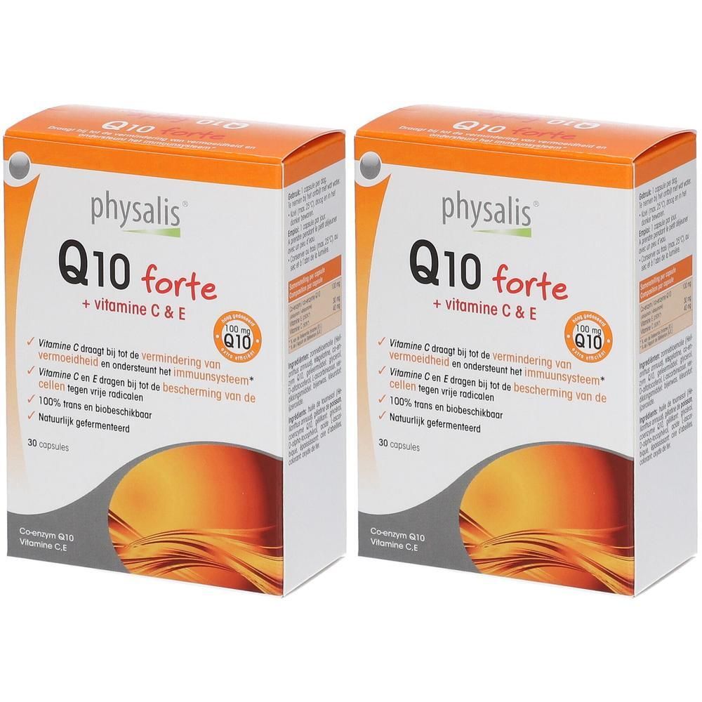 Deux boîtes Physalis Q10 forte. Emballage orange et blanc avec nom et informations. 30 capsules.