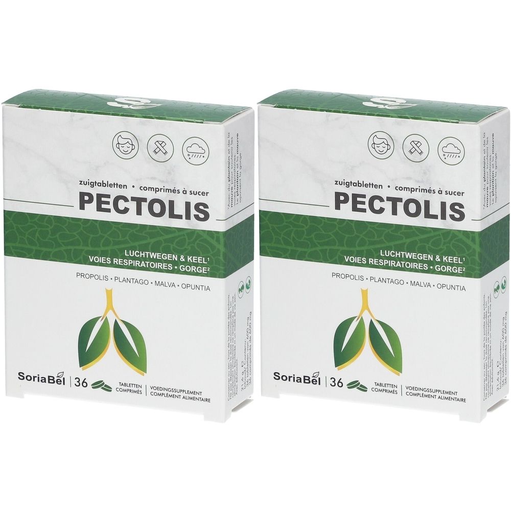 Deux boîtes de Pectolis. Emballage blanc avec accents verts. Inscription PECTOLIS, SoriaBel, 36 comprimés. Pour voies respiratoires et gorge.
