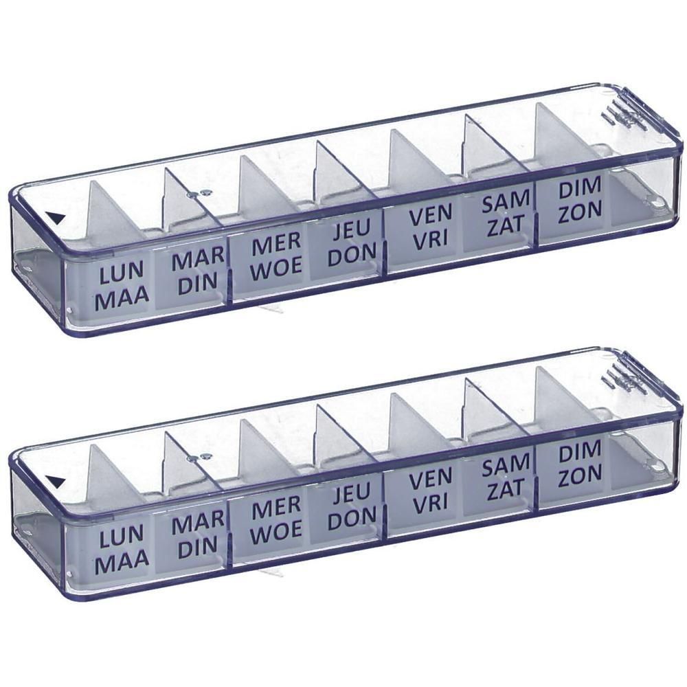 Twee transparante pillendoosjes met zeven compartimenten, beschreven met weekdagen in het Frans.