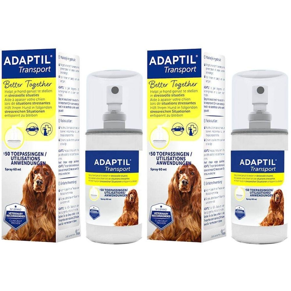 Adaptil Transport Spray, flacon avec pulvérisateur et emballage. Inscriptions: Adaptil, Better Together, 150 applications.