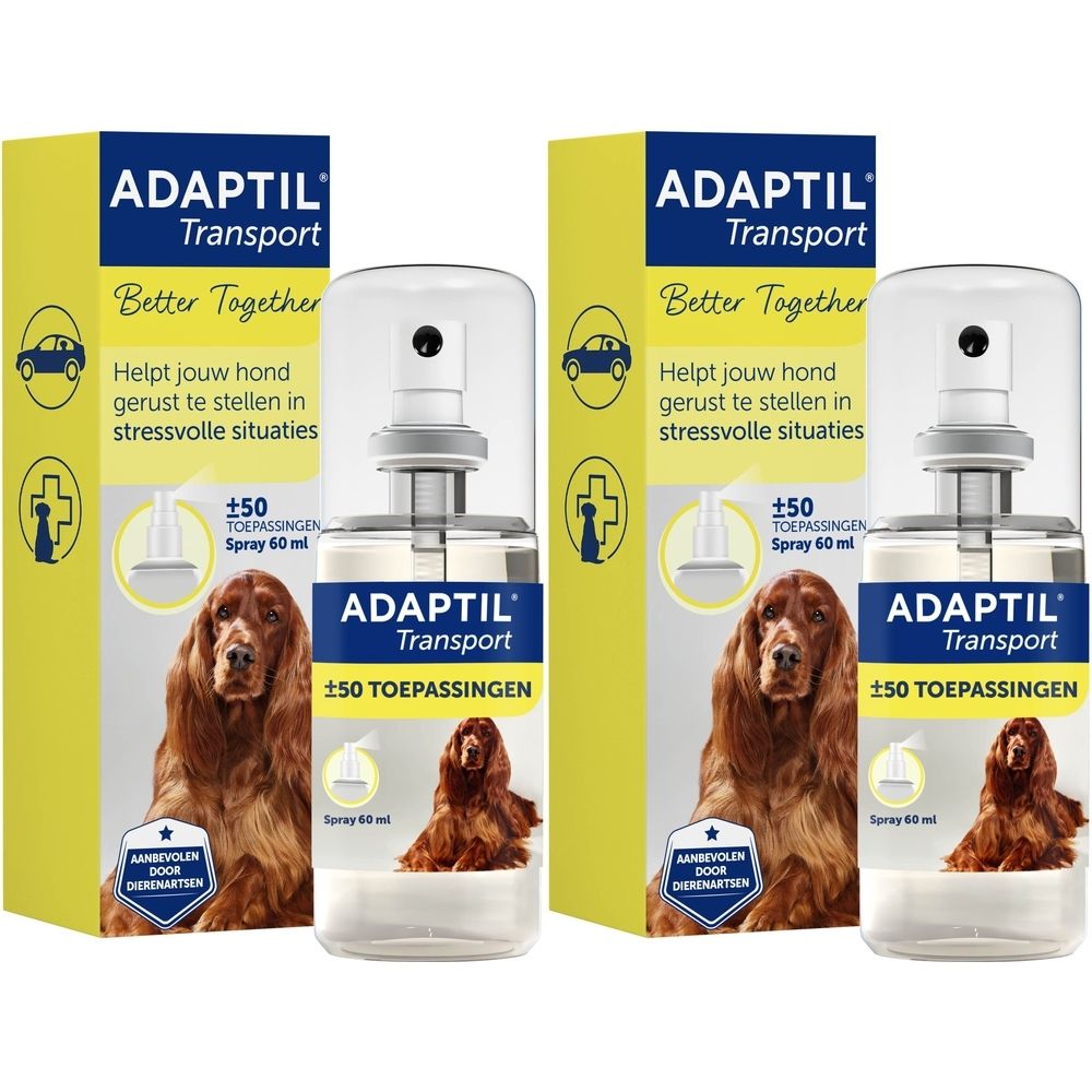 Adaptil Transport Spray, fles met verstuiver en verpakking. Opschriften: Adaptil, Better Together, ±50 toepassingen.