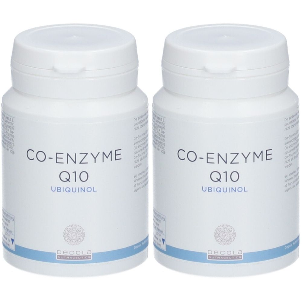 Deux flacons blancs avec couvercles. Inscription: Co-Enzyme Q10 Ubiquinol. Marque: Decola.