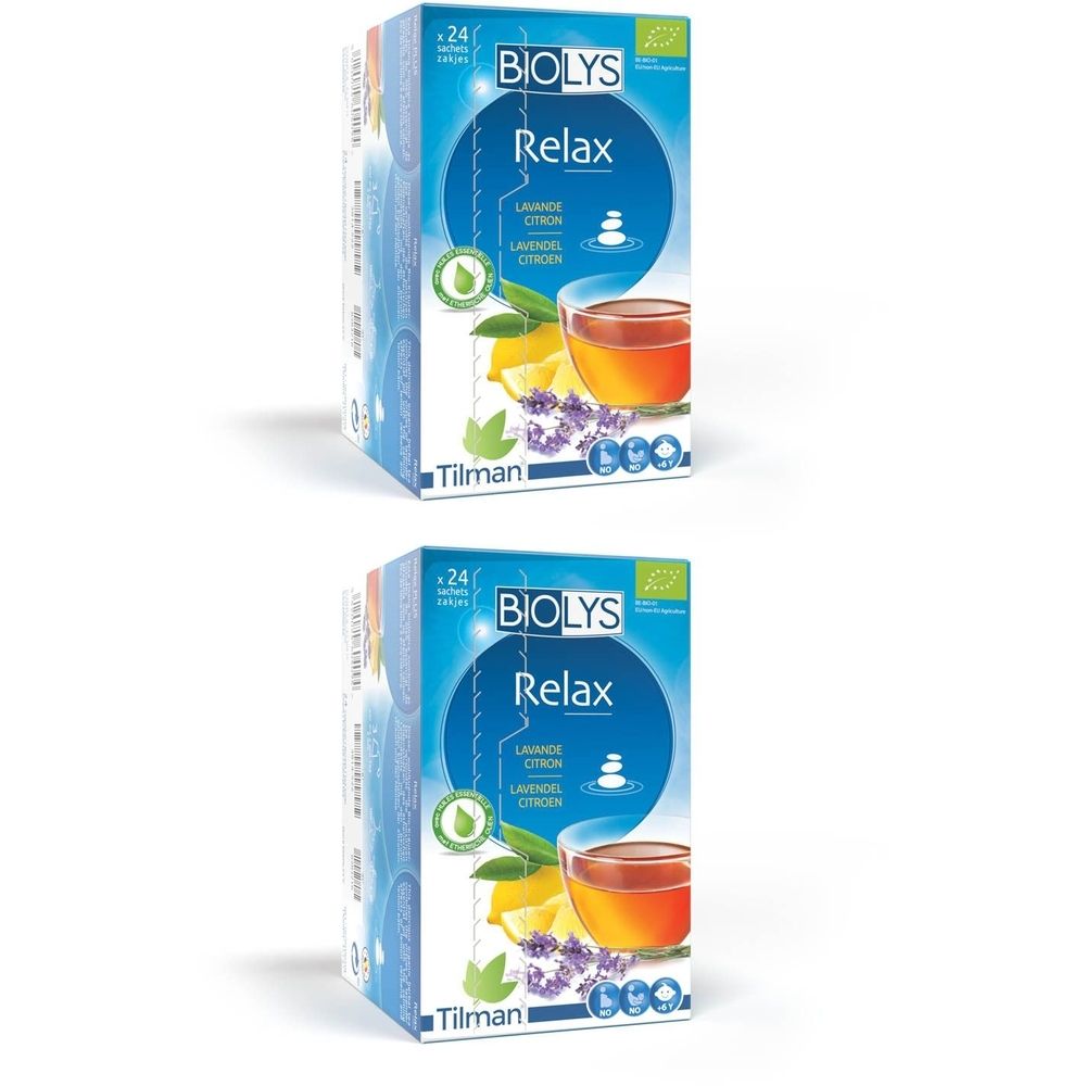 Deux boîtes Biolys. Inscription: Relax Lavande Citron. Illustration: tasse de thé, citron, lavande.