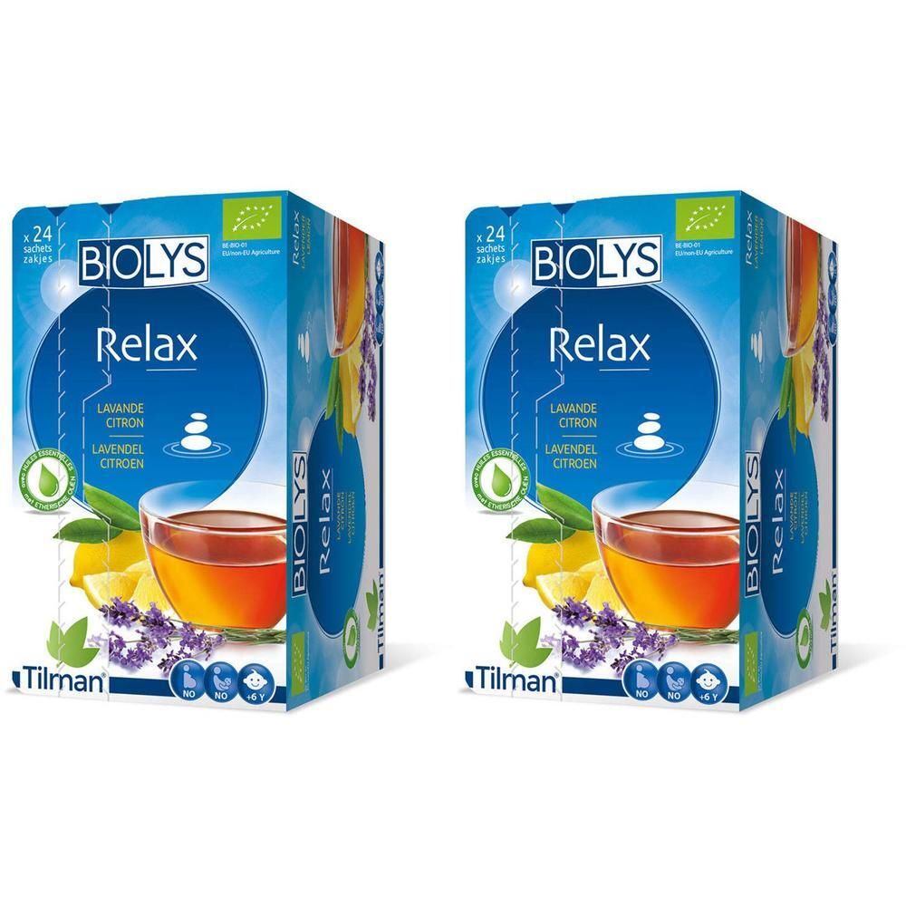 Deux boîtes Biolys. Inscription: Relax Lavande Citron. Illustration: tasse de thé, citron, lavande.