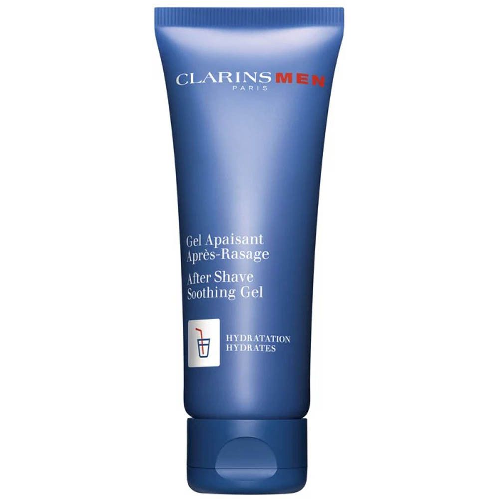 Tube de Gel Apaisant Après-Rasage Clarins Men. Tube bleu avec inscriptions blanches et rouges.