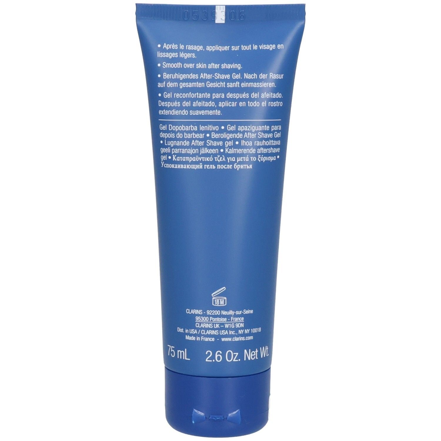 Arrière d'un tube de Gel Apaisant Après-Rasage Clarins Men avec instructions et ingrédients.