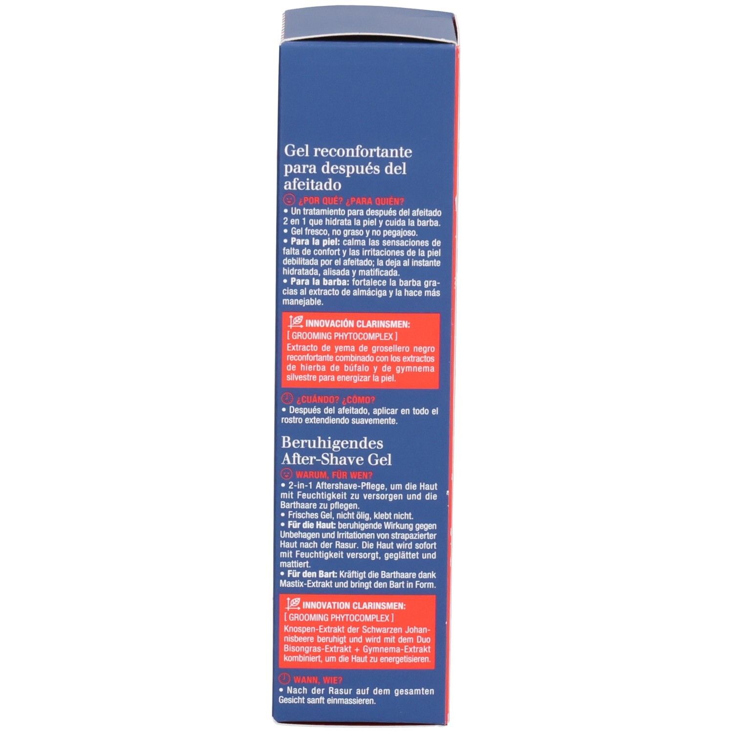 Côté d'une boîte de Gel Apaisant Après-Rasage Clarins Men avec description produit en espagnol et allemand.