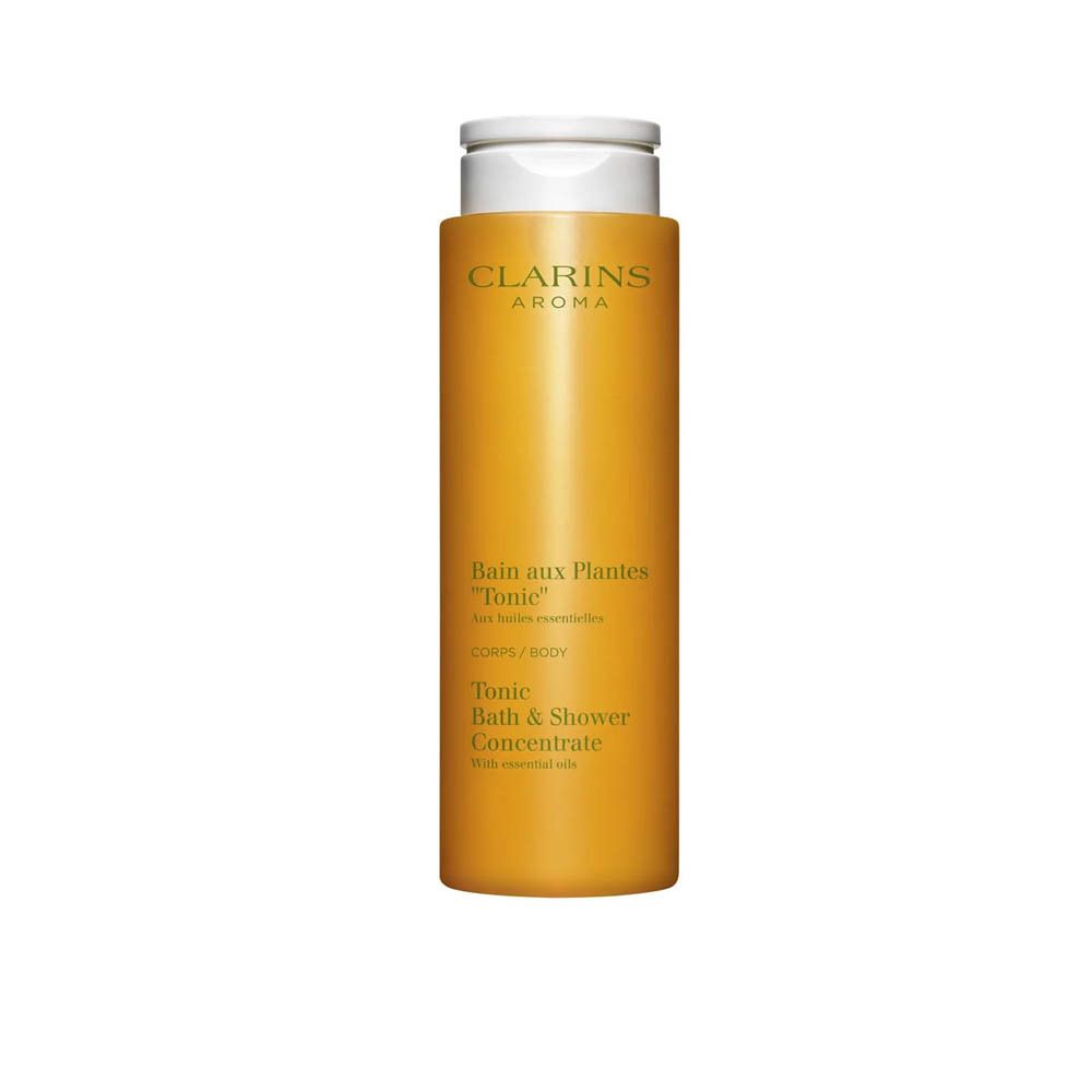 Clarins Tonic Bad & Douche concentraat in gele fles met witte klapdop.